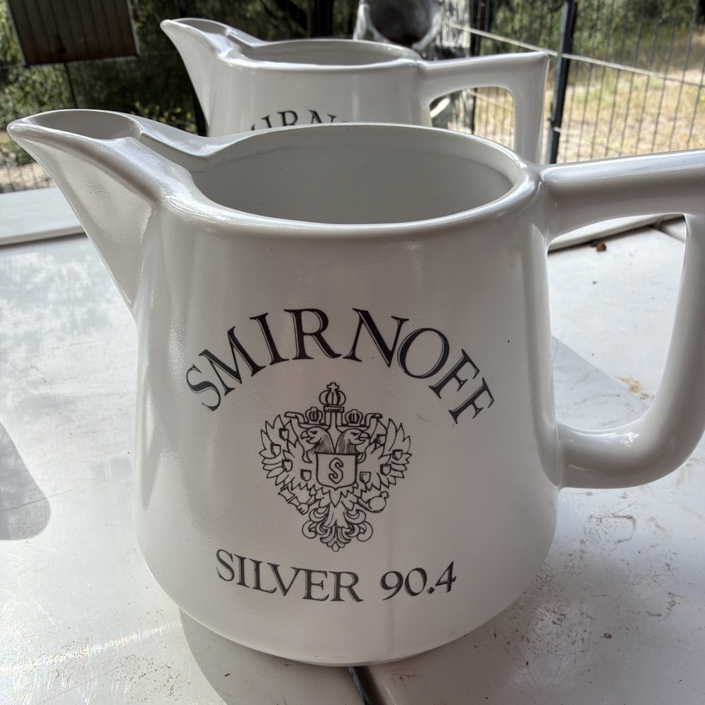 2-Smirnoff Silver 90.4 Vodka PITCHER 4.5"H ceramic jug barware 22 ounces Party